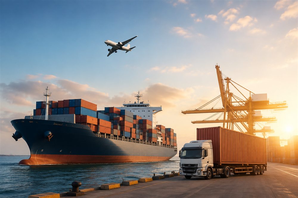Ship, aircraft and truck moving cargo together