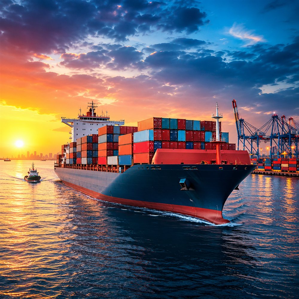 Container ship arriving at port at sunset
